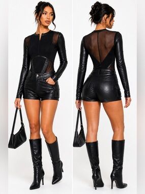 Maniere De Voir Mesh & Faux Leather Panel Bodysuit Black Long Sleeve Size 8